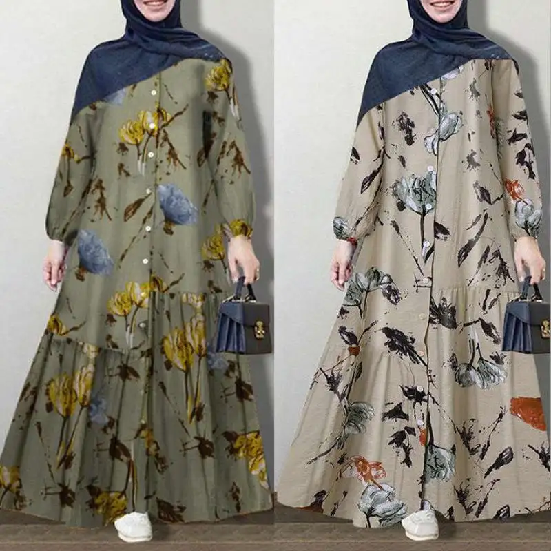 Wholesales jalabiya Vintage Muslim Printed Dress Women's Spring Sundress Casual Long Sleeve Floral Abaya Maxi Vestidos Robe