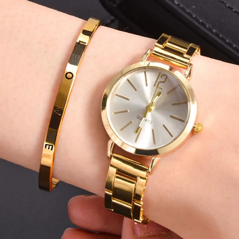 Jam tangan Quartz untuk pria dan wanita, jam tangan Fashion bisnis kalender sabuk jala baja tahan karat, jam tangan emas Logo kustom