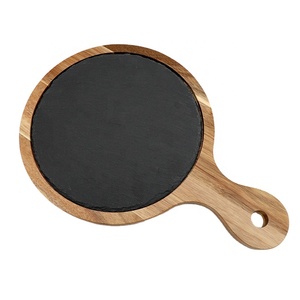 Assiette ronde en bois d'acacia avec poignée pour pizza sushi steak cuisine occidentale noire plats et assiettes de <span class=keywords><strong>barbecue</strong></span> assiette en bois - Product Image 1