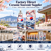 Botol Minyak Keramik Suvenir Korea Selatan dengan Desain Pemandangan Seoul dan Bunga Sakura, Dispenser Minyak Porselen Landmark Asia Korea