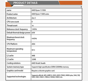 โปรเซสเซอร์เดสก์ท็อป R7 5700X 8-คอร์ 3.0GHz AM4 ซ็อกเก็ต กล่องเดิม โปรเซสเซอร์ซ็อกเก็ต AM4 R7 5700X โปรเซสเซอร์เดสก์ท็อป 8-คอร์ 3.0GHz - Product Image 4