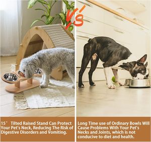 Eco-Friendly 15 Graus Elevado Dog <span class=keywords><strong>Bowl</strong></span> Alimentador <span class=keywords><strong>Pet</strong></span> Automático 3 Tigelas De Aço Inoxidável Levantado Bandeja De Madeira para Pequenos Gatos Cães - Product Image 4