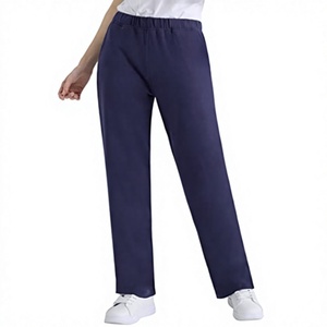 Pantalones de Algodón de Pierna Recta Azul Marino para Mujer, Cintura Media, Cordón Elástico, Casuales, Largos, de Color Sólido, para Otoño - Product Image 3