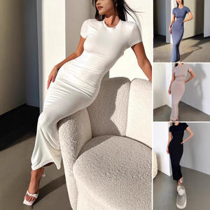 2025 européen américain femmes élégant mince robe mi-longue à manches courtes tissé transfrontalier pour <span class=keywords><strong>Amazon</strong></span> exportation décontracté uni teint - Product Image 2