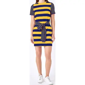 Custom OEM ODM Women Cardigan Dress Summer crew neck Short Sleeve Striped Pattern Knit midi Sweater Dress