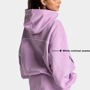 Logotipo personalizado blanco contraste costuras <span class=keywords><strong>sudadera</strong></span> 100% algodón <span class=keywords><strong>Oversize</strong></span> Boxy Fit Loungewear Hoodie Casual Crop Hoodie con bolsillo oculto - Product Image 3