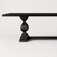 Table à manger rectangulaire noire en bois massif avec base en tréteaux tournés et consoles sculptées à la main, robuste, pour la décoration de villas de luxe
