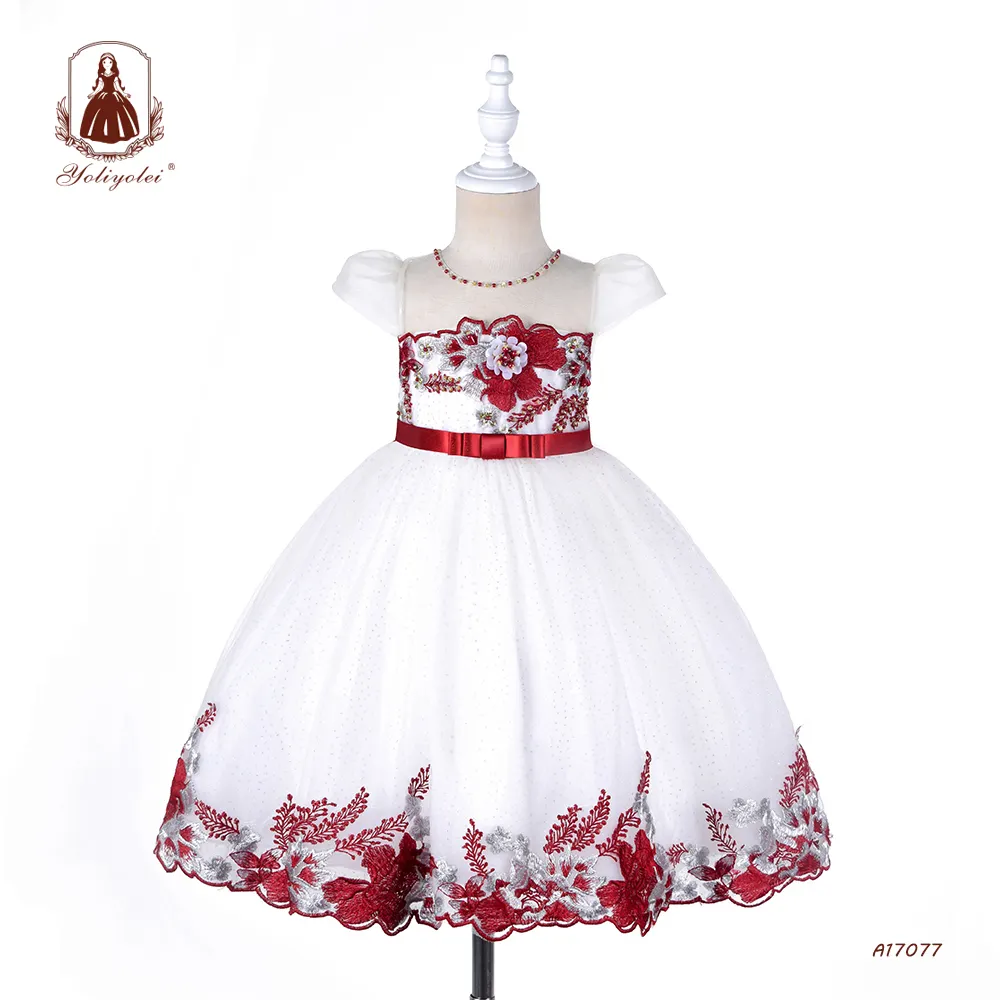 2020夏上品な赤いビーズの花刺繍ボウベルト半袖ホワイトロングボールガウンフロックガールズドレス3-8歳の女の子