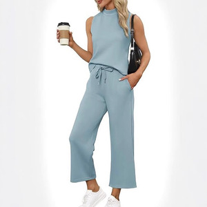 Wholesale <b>Women</b> Breathable Polyester <b>2</b>-<b>Piece</b> Top Pants Set Wide Leg Summer Casual Streetwear <b>Outfit</b> Embroidery Logo - Product Image 6