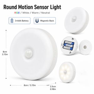 Round Motion Sensor Night <b>Light</b> RGB three-colour dimmable LED night <b>light</b> powered by battery for Bedroom Cabinet Stairway - Product Image 6
