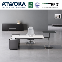 Bureau de direction ATWOKA blanc avec table d'appoint carrée en verre réglable en hauteur, meuble de rangement et gestion des câbles