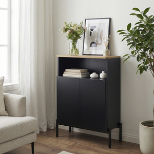 Meuble de rangement de salle de bain à 2 portes <span class=keywords><strong>noir</strong></span> et chêne, meuble-lavabo autoportant avec étagère réglable pour toilettes et salon - Product Image 1