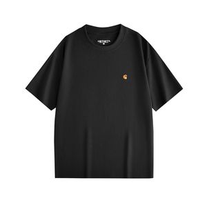 Camiseta de manga corta bordada con etiqueta dorada de marca de moda, unisex, para parejas, estilo Carha, holgada, de color liso. - Product Image 2