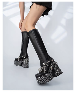 Bottes montantes tendance coréennes pour <span class=keywords><strong>femme</strong></span>, en cuir véritable, à plateforme, antidérapantes, respirantes, avec cristaux - Product Image 3