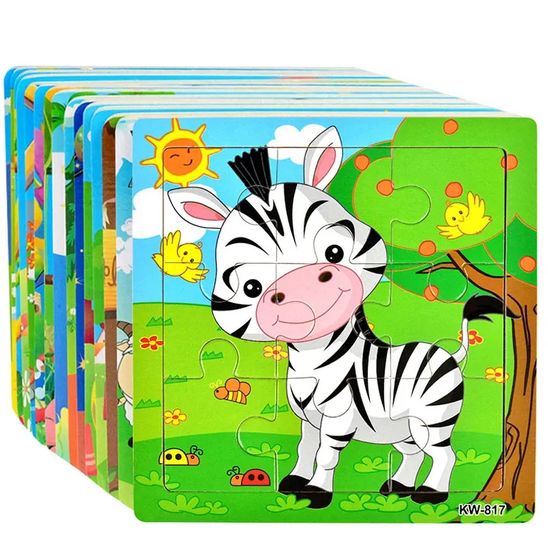 Atacado 9 PCS Pré-escolar Inteligência Cartoon Papelão Pintura Personalizado 3D Madeira Jigsaw Animal Puzzle Brinquedo Educacional