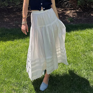Vacation Style Solid Color Lace Patchwork <b>Split</b> Asymmetrical Midi <b>Skirt</b> Artistic Versatile With Lining Long <b>Skirt</b> - Product Image 1