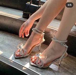Trendy Summer Silver Square Toe High Heels for Ladies Knot <b>Sandales</b> Talon Femme Ankle Cross Strap Bling Elegant <b>Bow</b> Heels - Product Image 5