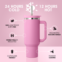 Vaso Térmico Personalizado con Logotipo ODM de 40 oz, Libre de BPA, Doble Pared, Acero Inoxidable, Aislamiento al Vacío, con Tapa 2 en 1 con Pajita y Asa
