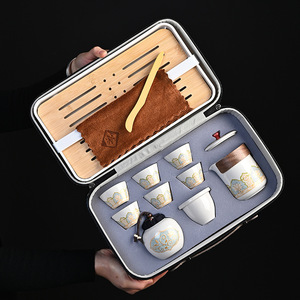 Juego de té de viaje estilo antiguo, bandeja de té portátil de cerámica para exteriores con tapa, diseño tradicional chino para viajar - Product Image 2