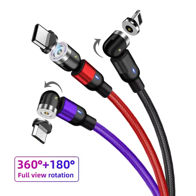 Popular 540 Degree Rotation Nylon Braided Fast Charging Magnet Type C MICRO V8 Magnetic Fast Data Cable for Smartphone