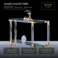 Table console moderne de luxe en acrylique avec plateau en verre trempé et structure en acier inoxydable doré pour entrée, couloir, hall d'hôtel, villa