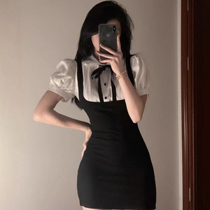 Sweet And Spicy Girl School Style Faux Two Piece Dress 2025 Summer Salt Style Slimming Puff Sleeve Bodycon Mini Skirt For Women - Product Image 3