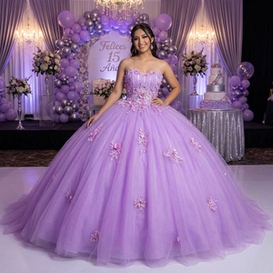 Robe de Quinceañera de luxe Lsany273, couleur lilas, sans bretelles, avec appliques florales 3D, tulle pailleté, robe de bal de princesse, Sweet 15 Jancember - Product Image 1