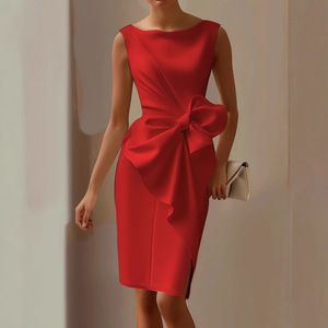 Sexy sin mangas Hollow Midi Vestidos elegante cuello redondo cintura ceñido arco envuelto vestido mujeres Oficina vestido de fiesta 2025 nuevos Vestidos - Product Image 2