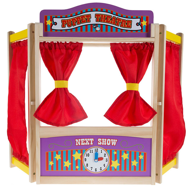 Wooden Tabletop Puppet Theater with Curtains, Blackboard, and Clock- Inspires Imagination and Creativity for Kids