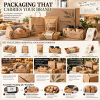 Kit d'emballage personnalisé pour boulangerie avec logo, comprenant boîte à pâtisserie, sac en papier, pochette verticale, porte-gobelet, plateau alimentaire, rouleau d'étiquettes – Fournisseur OEM