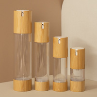 Botol vakum kayu bambu bentuk U 15ml30ml50ml100ml tipe tekan, botol losion kosmetik transparan, botol vakum plastik