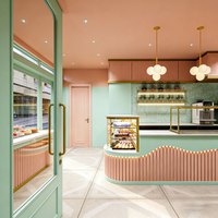 Airy Luxe Bakery & Coffee Market Stall Featuring Glass Display Case, Open Tiered Shelving, and Integrated Warm Lighting