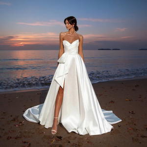 Новое элегантное свадебное платье из однотонного атласа с многоярусной драпировкой, открытой спиной, V-образным вырезом, современного фасона, длиной в пол, А-силуэт, антистатическое. - Product Image 5