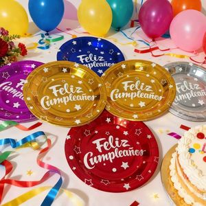 Vajilla Desechable de Color Brillante para Fiestas, Platos de Papel con Lámina Dorada Española para Actividades, <span class=keywords><strong>Cumpleaños</strong></span>, Reuniones de Amigos - Product Image 1