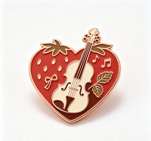 Pin de esmalte de violín musical con forma de corazón y fresa, chapado en oro, de aleación de zinc, temática de San Valentín, artesanía metálica - Product Image 2