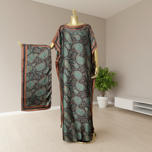 Ensemble élégant de kaftan en satin de polyester à imprimé paisley vintage, deux pièces, robe longue modeste pour femmes, avec hijab assorti - Product Image 1