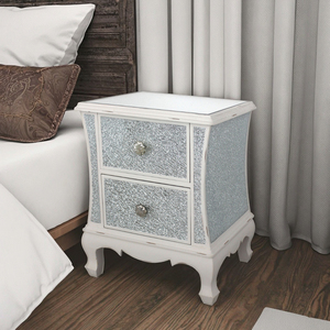 Cute Distressed White Nightstand 2 Drawers Crushed Diamond End <strong>Table</strong> Crackled Glass New Design Bedroom Side <strong>Table</strong> White Trims - Product Image 5