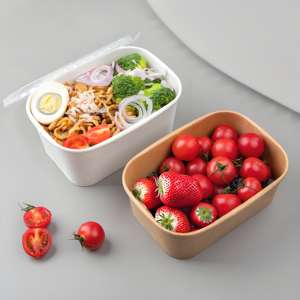 Bol à salade rectangulaire carré en papier kraft jetable en gros, récipient alimentaire à emporter, bol à soupe en papier micro-ondable avec couvercle - Product Image 4