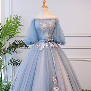 Elegant Off The Shoulder Evening Gown With 3D Flowers Puffy Skirt For Banquet Party Dress - Product Image 3
