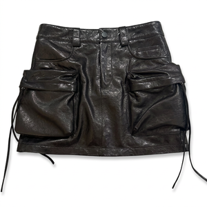 Jupe en cuir noir pour femme, à lacets sur le devant, avec poches, été, automne, printemps, taille naturelle, jupe en cuir véritable. - Product Image 2