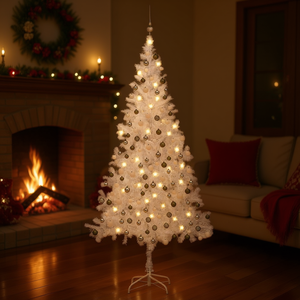 Sapin de Noël artificiel pré-éclairé, 82,7 pouces de haut, blanc, avec lumières LED chaudes, base sur pied pour intérieur, ensemble d'ornements décoratifs - Product Image 2