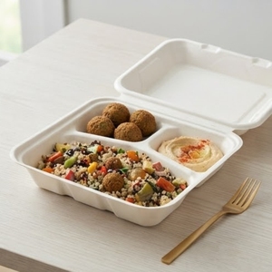 Boîte à clapet écologique CANEX de 8 pouces à 3 compartiments avec couvercle, en bagasse de canne à sucre biodégradable, conteneur à emporter compostable pour repas - Product Image 2