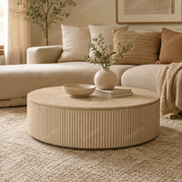 Table basse ronde en chêne naturel, base cannelée côtelée pour salon de villa de luxe, table centrale, table de cocktail, pièce maîtresse