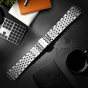 Correa de reloj de acero inoxidable en tono plateado, correa de repuesto con eslabones cepillados para uso informal de negocios - Product Image 1