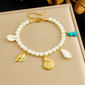Elegant Pearl Bracelet Gold Plated Conch Shell Pendant Women's Jewelry Accessory - Product Image 1