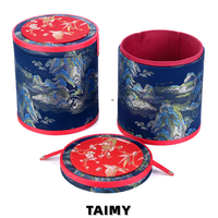 Boîte à bijoux cylindrique de style chinois en gros, boîte de rangement de luxe pour bijoux, étui cadeau pour bijoux avec broderie paysagère, vente en gros