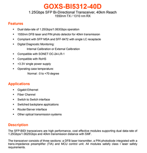 GOXS BI5312 40D 1.25G SFP BiDi Optical Transceiver Module 1550TX 1310RX 40KM Single Mode Fiber DDM LC Connector - Product Image 2
