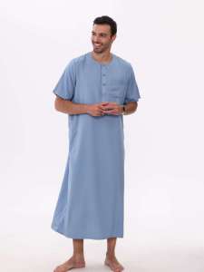 ชุดคลุมบุรกาผ้าฝ้ายสีฟ้าอ่อนสำหรับผู้ชาย แขนสั้น ความยาวระดับข้อเท้า สไตล์เรียบง่าย เหมาะสำหรับการละหมาด สีพื้น ระบายอากาศได้ดี สไตล์ตะวันออกกลาง - Product Image 1