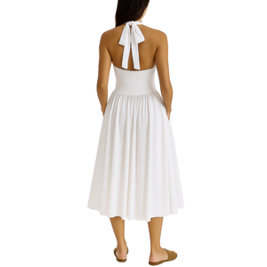 Vestido Blanco Largo Midi Personalizado de Alta Calidad para Mujer, Estilo Casual de Verano, Dulce y Sexy con Cuello Halter y Escote en V Profundo Plisado - Product Image 2