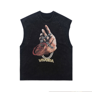 T-shirt vintage nera lavata senza maniche 100% cotone da <span class=keywords><strong>uomo</strong></span>, canotta hip hop con stampa grafica, streetwear oversize - Product Image 1